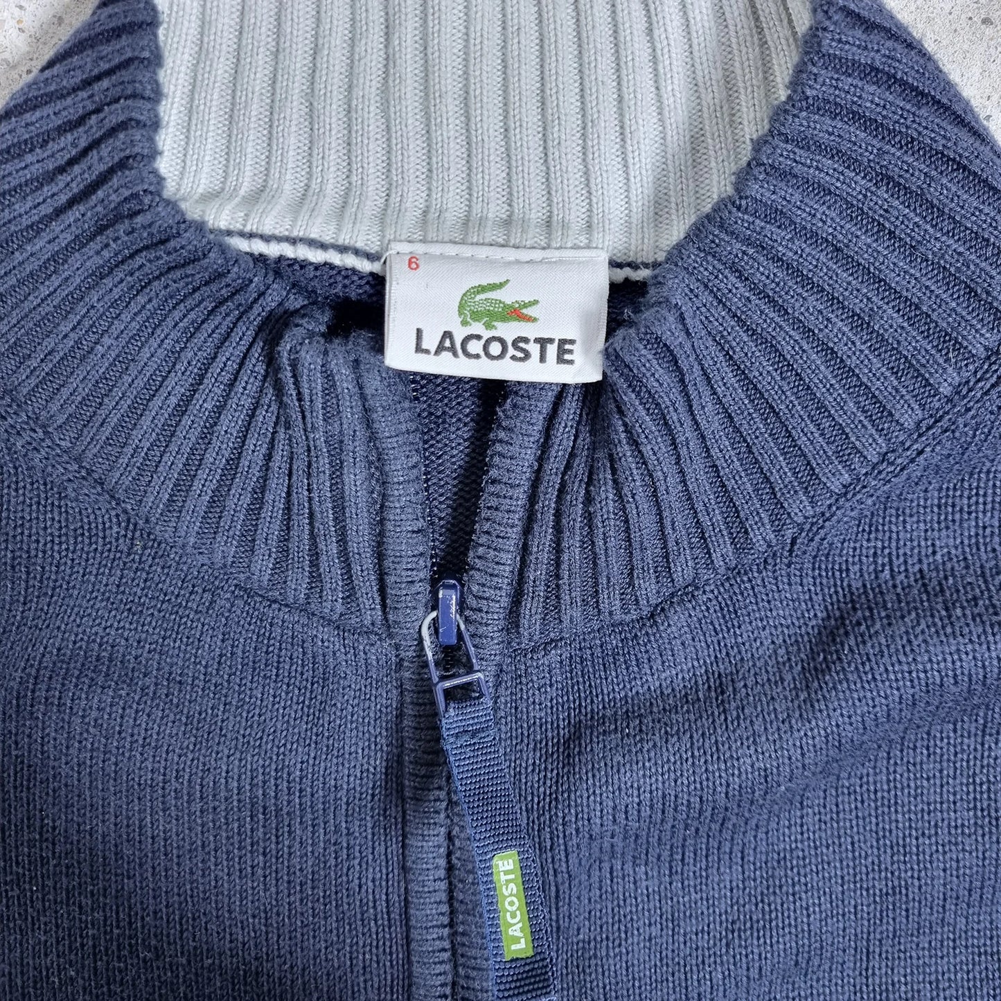 Lacoste Full Zip Striped Knit Sweater Navy / Light Blue (XL)