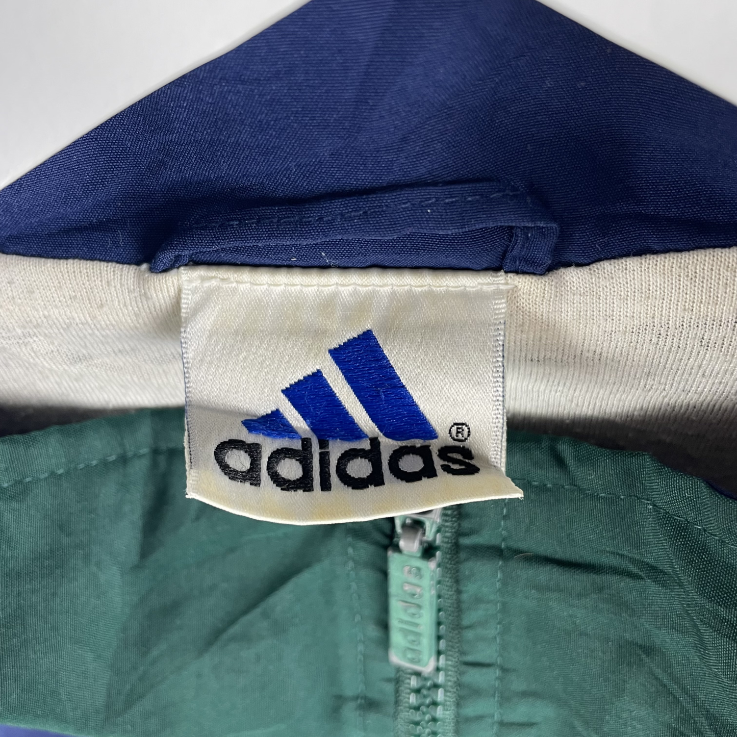 90s Adidas Windbreaker Dunkelgrün/Blau/Weiß (L)