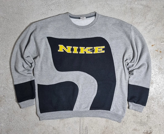 90s Nike Sweatshirt Colorblock Logo Grey / Black / Yellow (L)