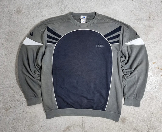 90s adidas Crewneck Sweatshirt Grey Navy 3-Stripes (XL)
