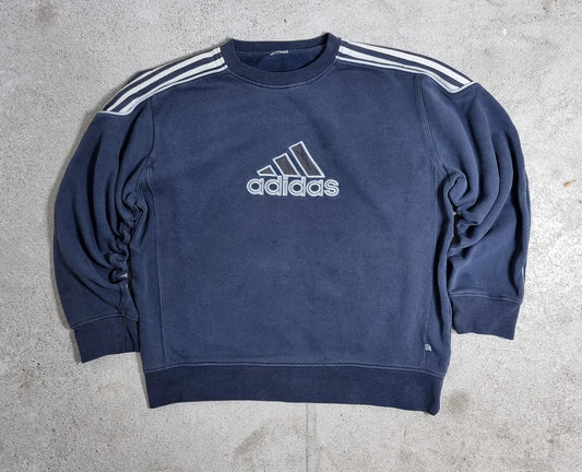 00s adidas Navy 3-Stripes Crewneck Sweatshirt White Logo (L)