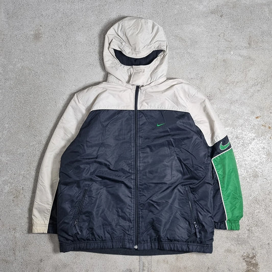 Nike Reversible Fleece Jacket Beige Navy Green – Vintage 2000s Double-Sided Hooded Jacket