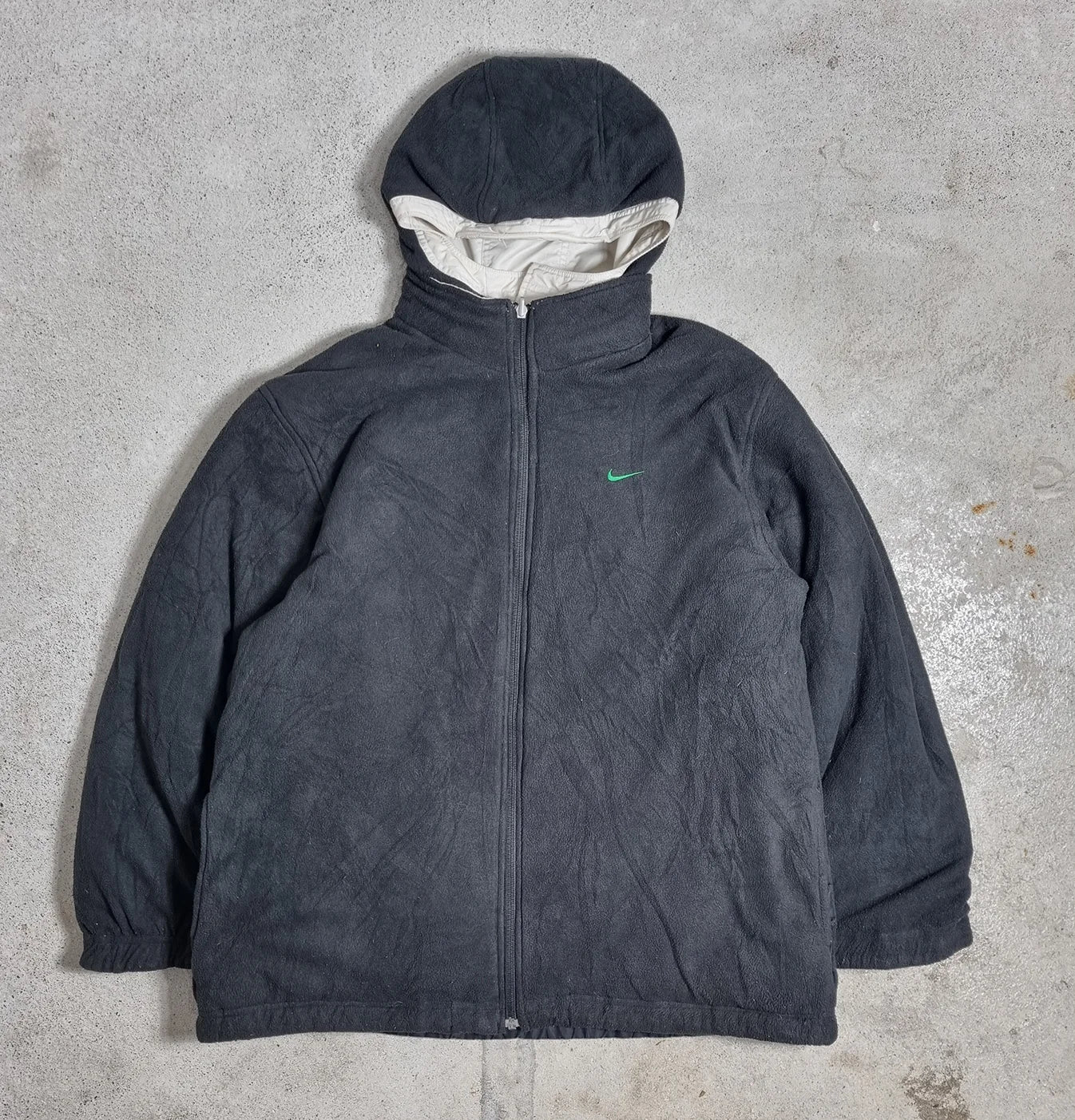 Nike Reversible Fleece Jacket Beige Navy Green – Vintage 2000s Double-Sided Hooded Jacket