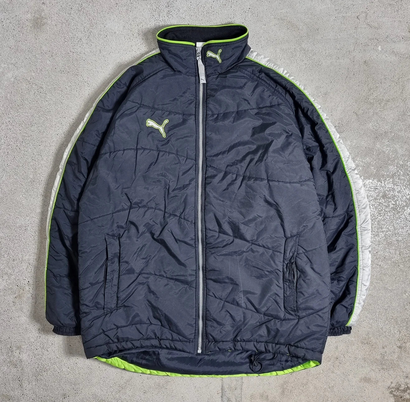 PUMA Cellerator Puffer Jacket Dark Grey / Neon Green – Vintage 2000s Sports Winter Jacket