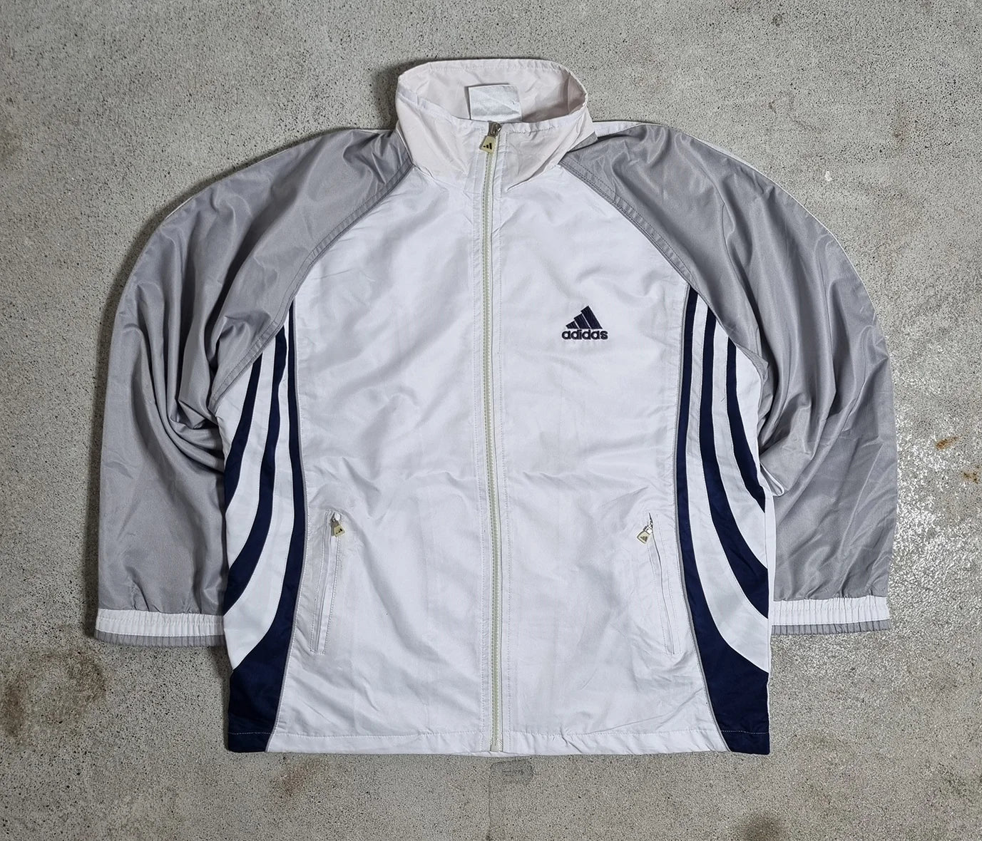 Adidas 3-Stripes Windbreaker – Vintage 90s White Grey Navy Track Jacket