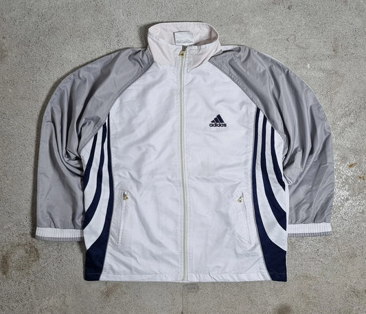 Adidas 3-Stripes Windbreaker – Vintage 90s White Grey Navy Track Jacket