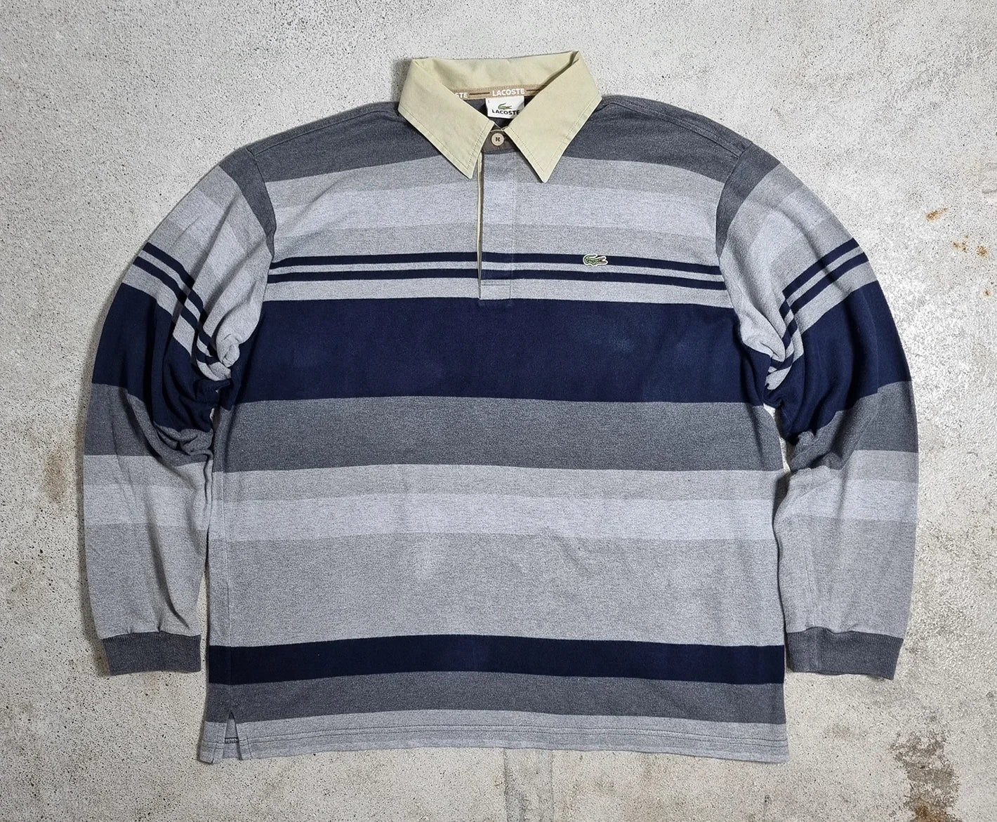 Lacoste Vintage Striped Rugby Shirt Grey / Navy / Beige (L)