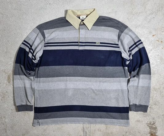 Lacoste Vintage Striped Rugby Shirt Grey / Navy / Beige (L)