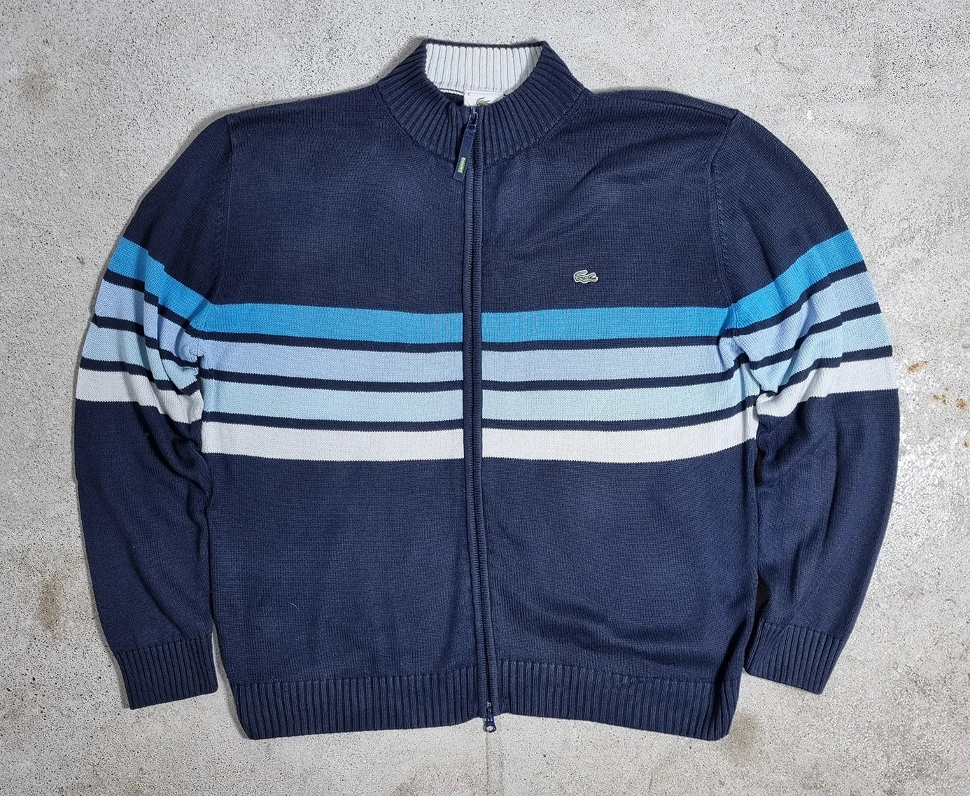 Lacoste Full Zip Striped Knit Sweater Navy / Light Blue (XL)