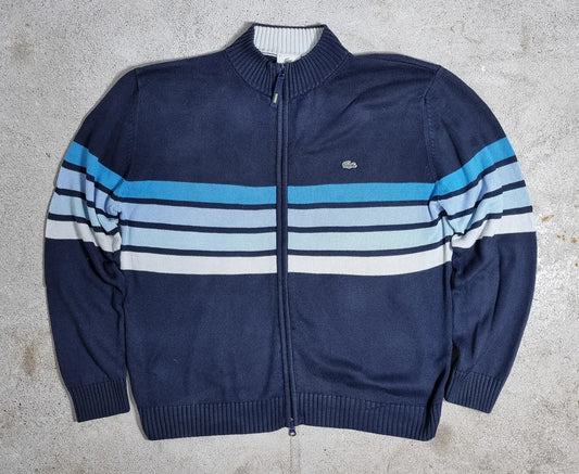 Lacoste Full Zip Striped Knit Sweater Navy / Light Blue (XL)