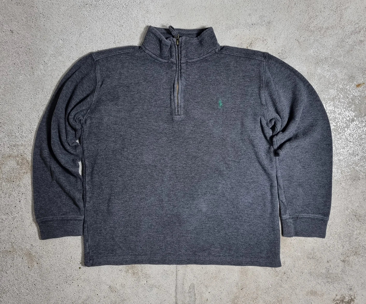 2000s Ralph Lauren 1/4 Zip Sweatshirt Charcoal Grey S – Green Pony Logo