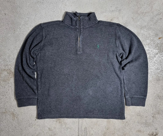 2000s Ralph Lauren 1/4 Zip Sweatshirt Charcoal Grey S – Green Pony Logo