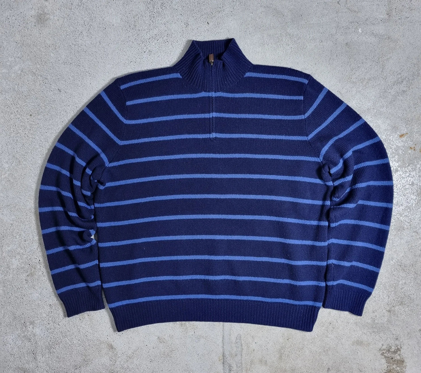2000s Ralph Lauren Lambswool 1/4 Zip Sweater Navy Blue Striped XL
