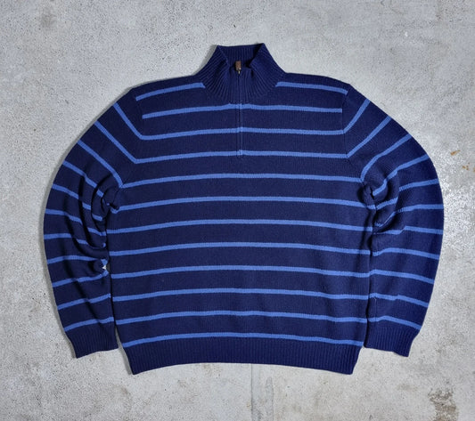 2000s Ralph Lauren Lambswool 1/4 Zip Sweater Navy Blue Striped XL