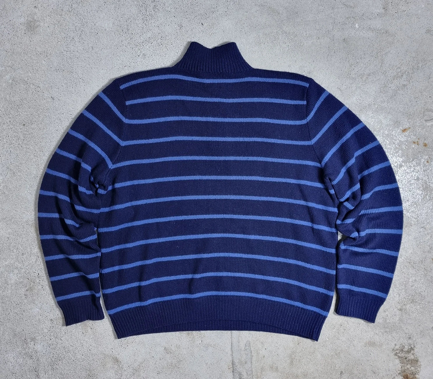 2000s Ralph Lauren Lambswool 1/4 Zip Sweater Navy Blue Striped XL