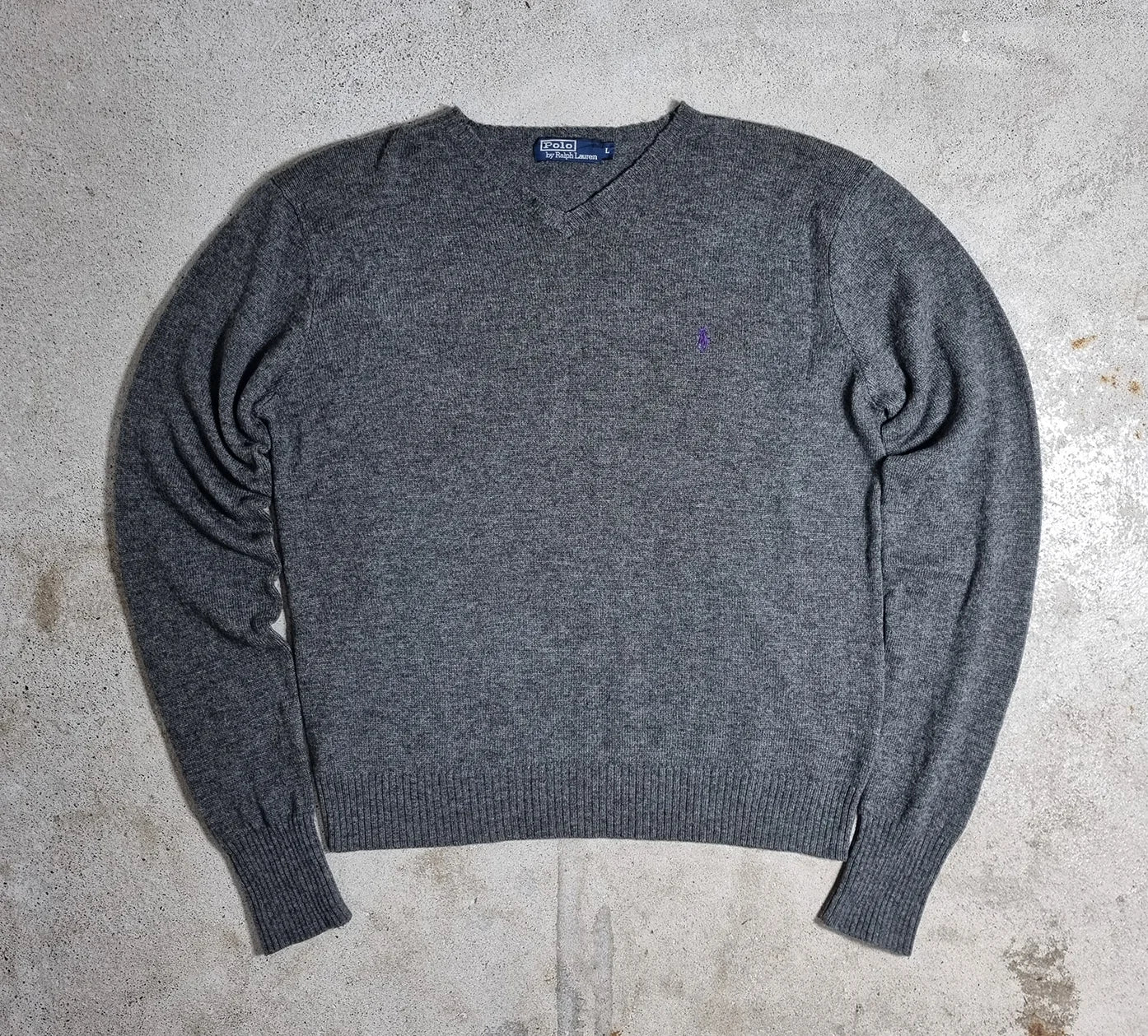 1990s Ralph Lauren Lambswool V-Neck Sweater Grey L – Purple Pony Logo
