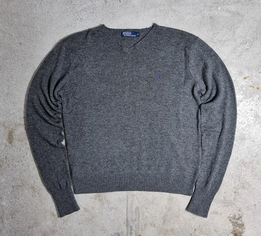 1990s Ralph Lauren Lambswool V-Neck Sweater Grey L – Purple Pony Logo