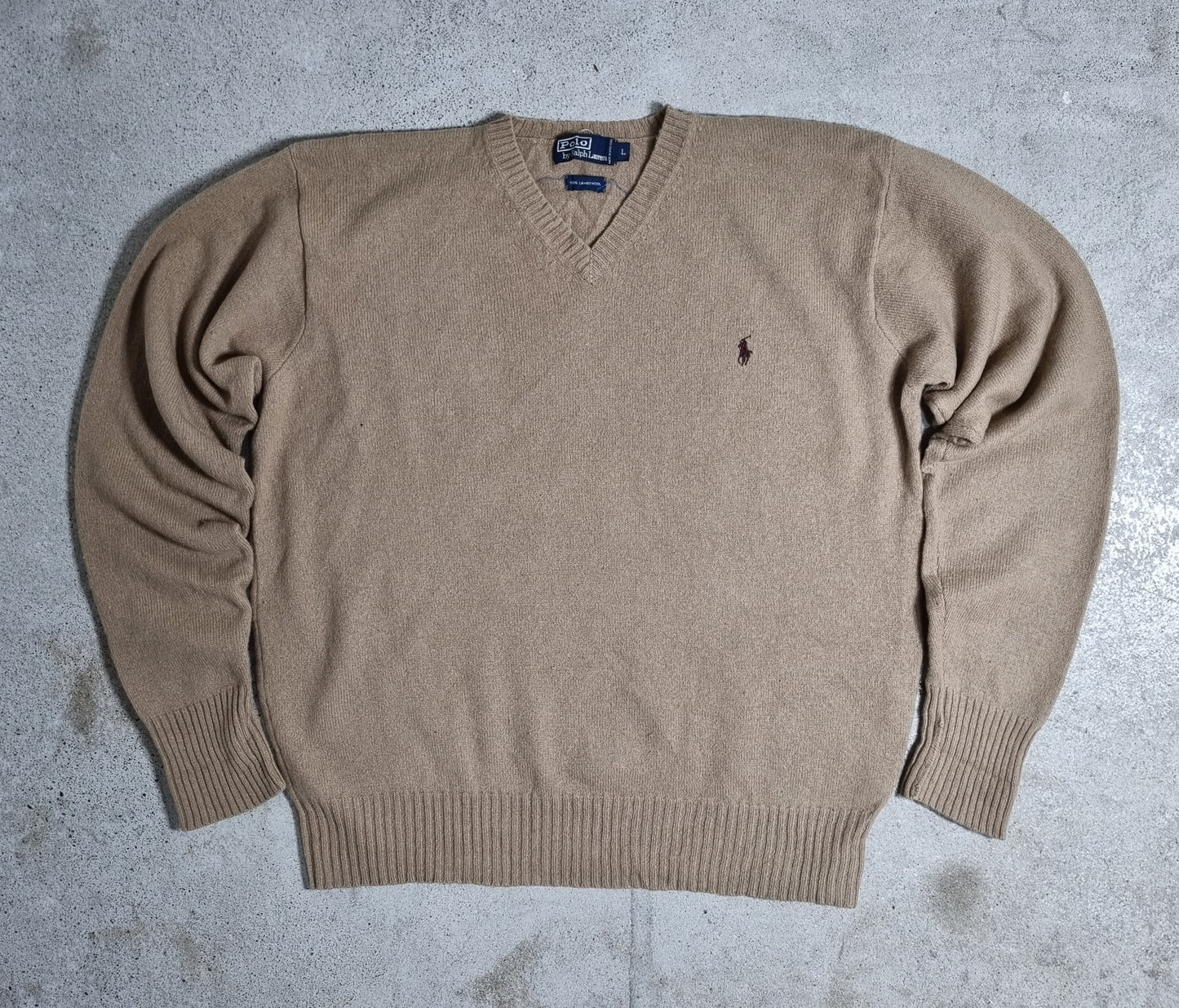 90s/00s Ralph Lauren Lambswool V-Neck Sweater Beige Red Pony (L)