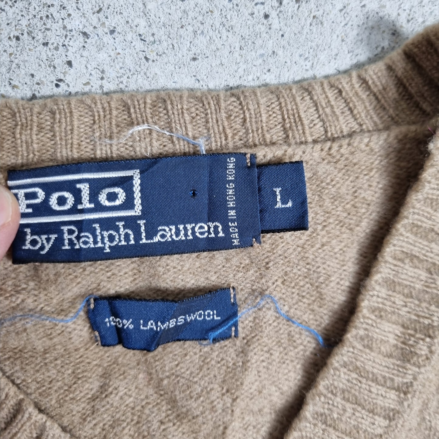 90s/00s Ralph Lauren Lambswool V-Neck Sweater Beige Red Pony (L)