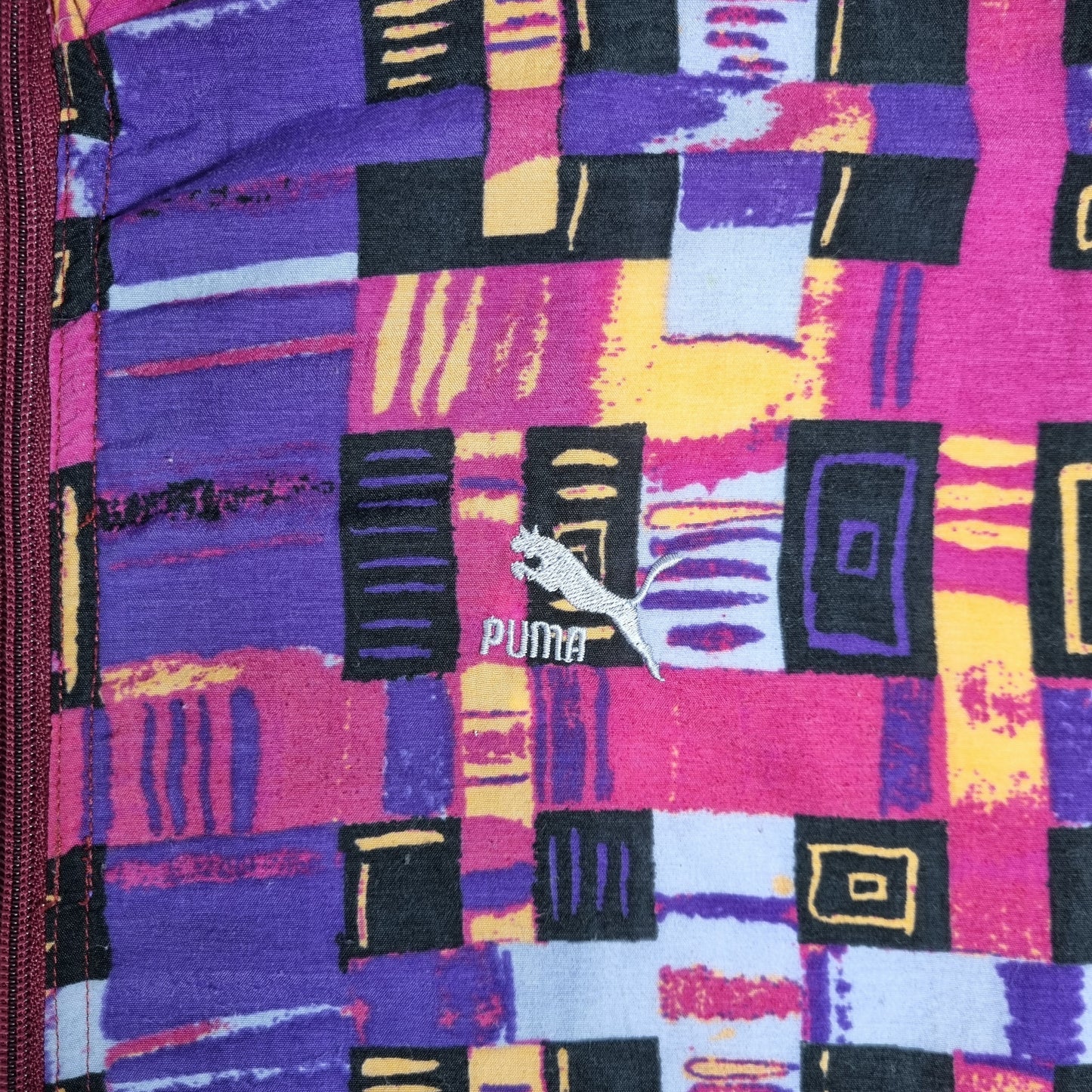 90s PUMA Vintage Trackjacke Bunter Abstract Print Lila/Bordeaux (L)