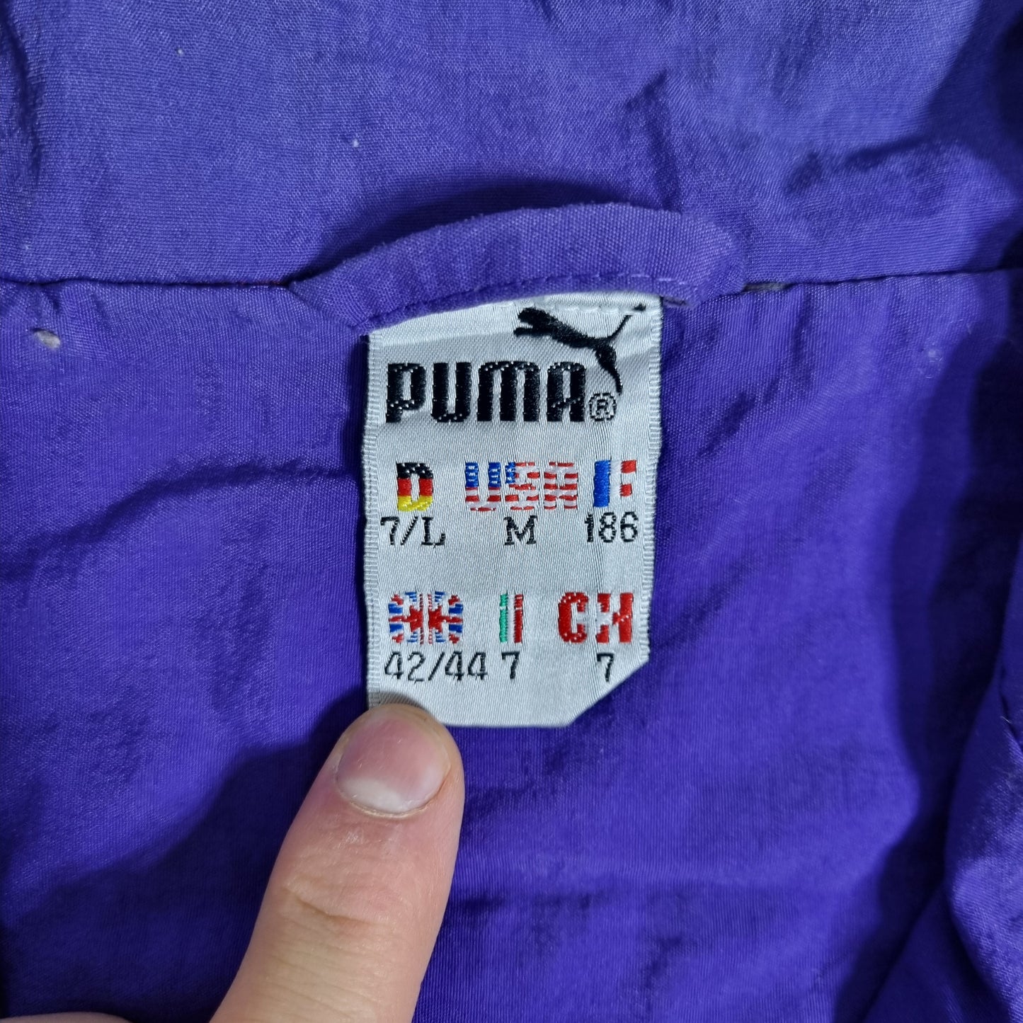 90s PUMA Vintage Trackjacke Bunter Abstract Print Lila/Bordeaux (L)